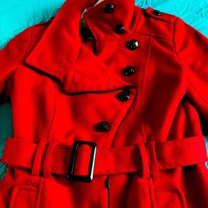 Red-single breasted belted coat. Size small.